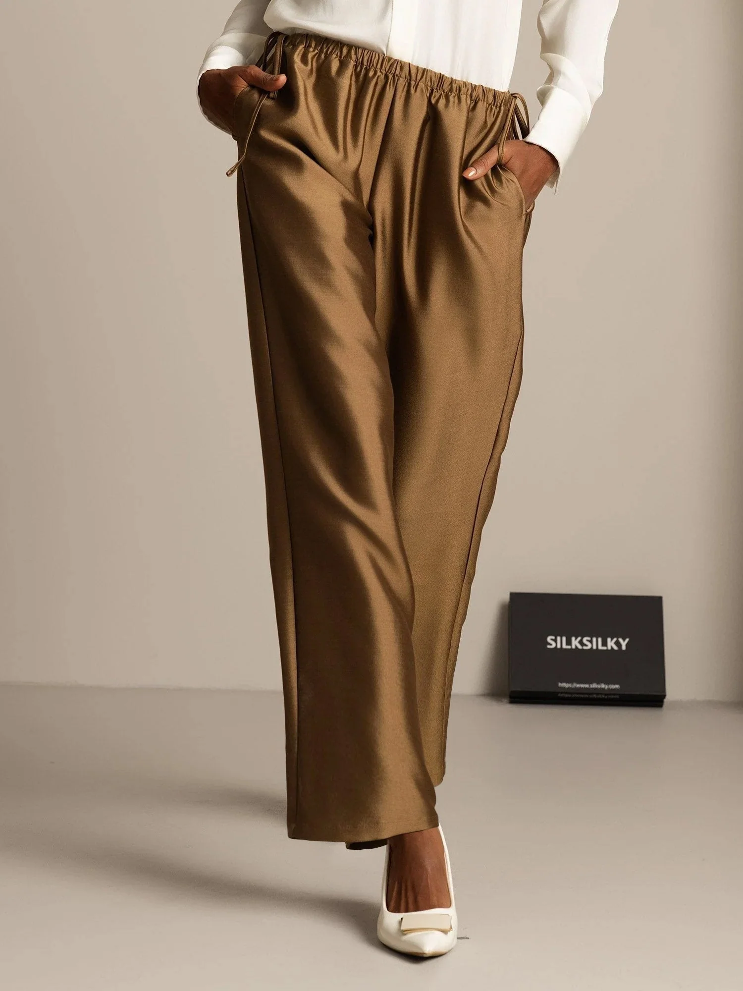 Clearance - 32Momme Silk-Wool Blend Straight Fit Women's Pants with Drawstring Side Pockets Design - Image 20