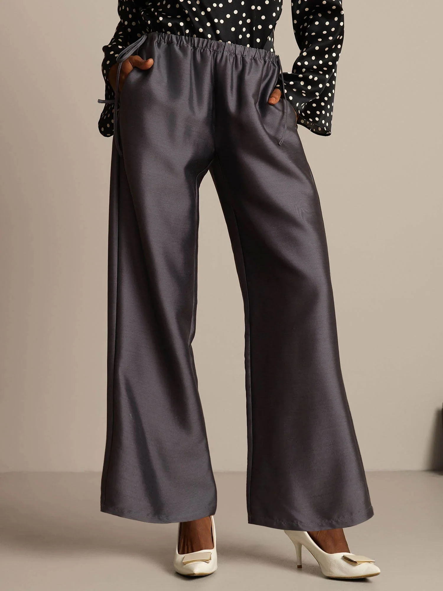 Clearance - 32Momme Silk-Wool Blend Straight Fit Women's Pants with Drawstring Side Pockets Design - Image 8