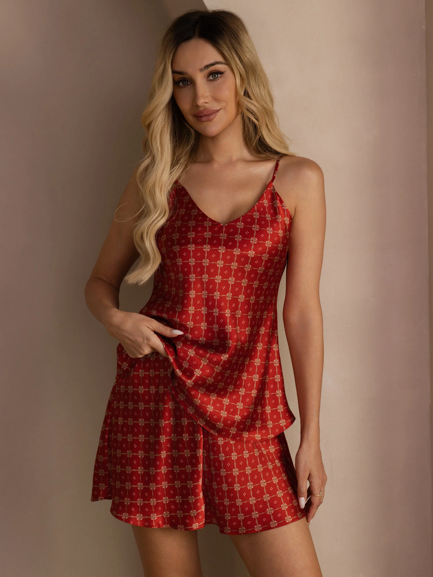 100% Mulberry Silk Navy Chain Print Spaghetti Strap V Neck Camisole Set - Image 11