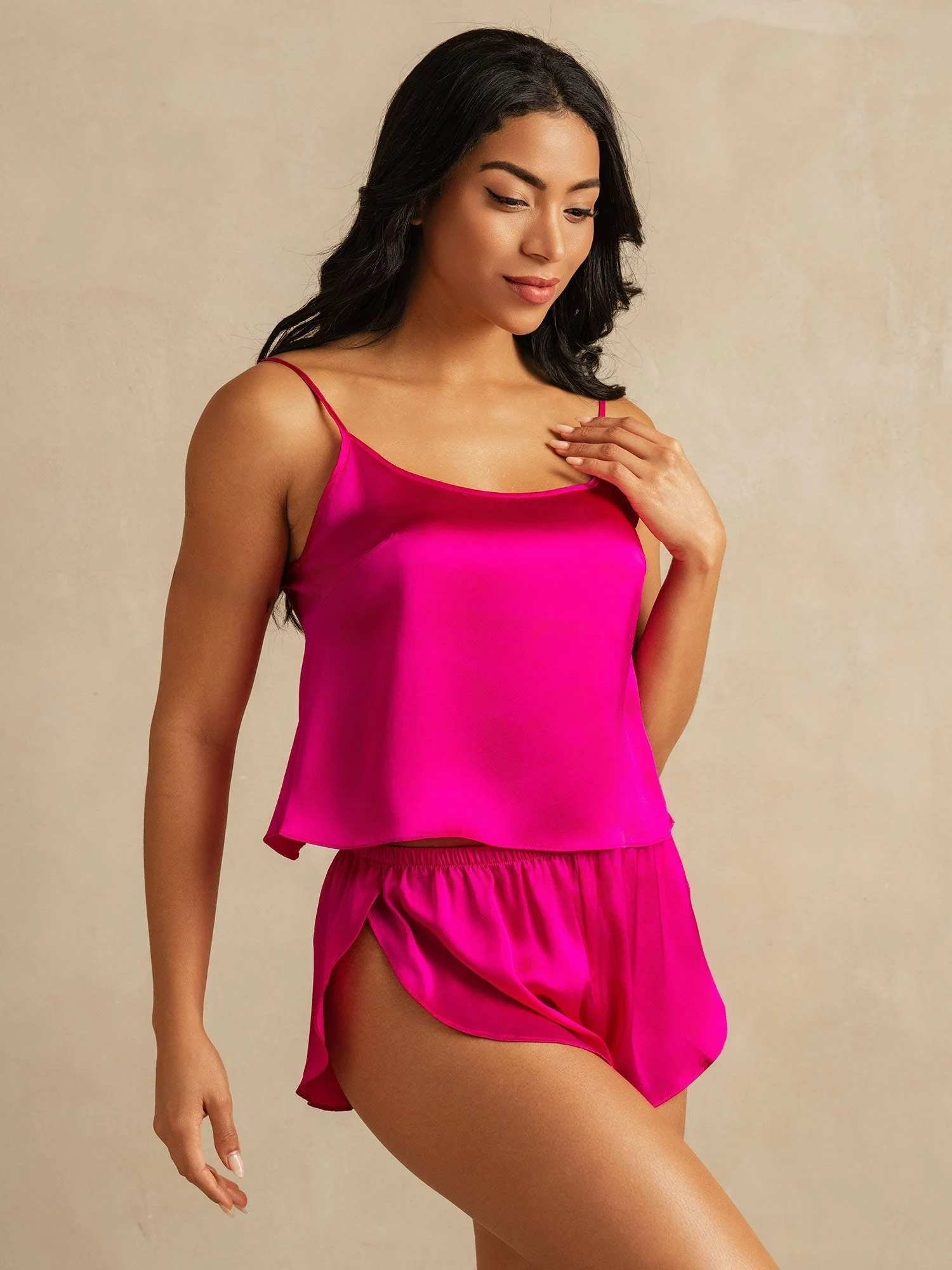 100% Mulberry Silk Side Slit Flowy Cami Set - Image 38