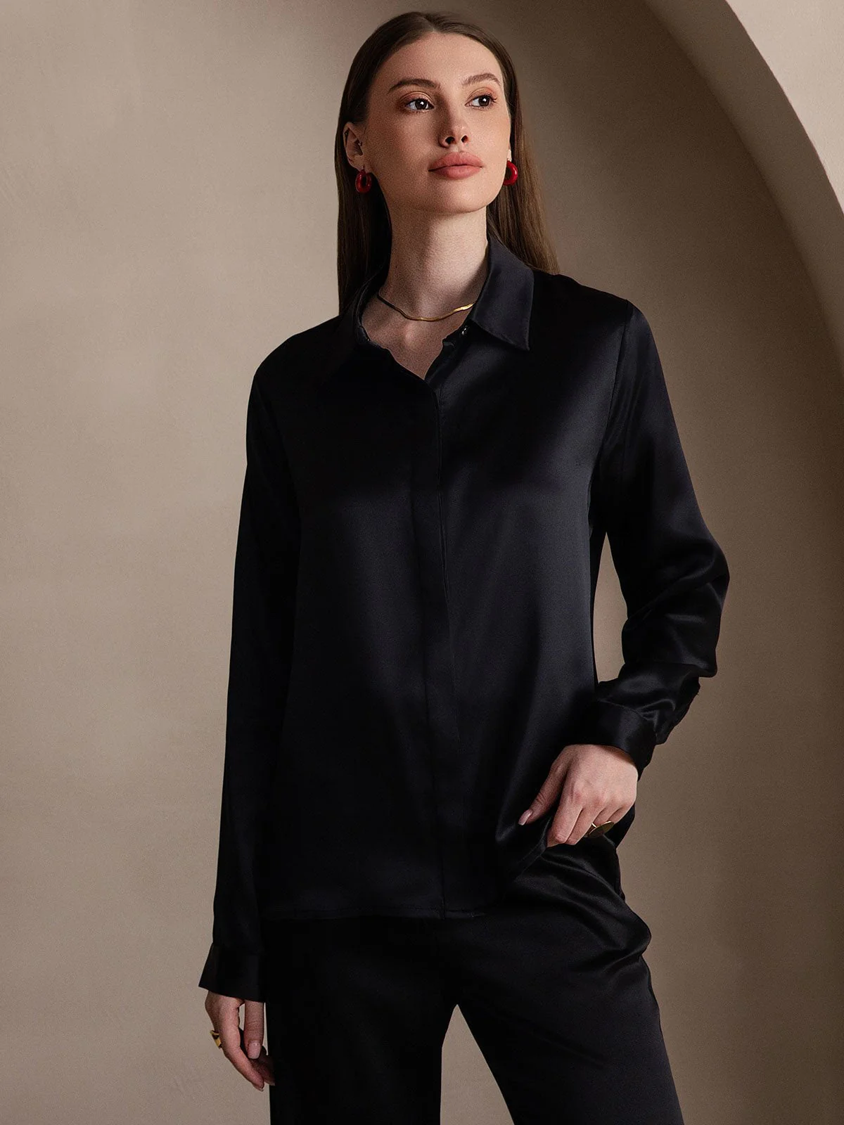 19Momme Silk Long Sleeve Lapel Collar Women's Shirt - Image 15