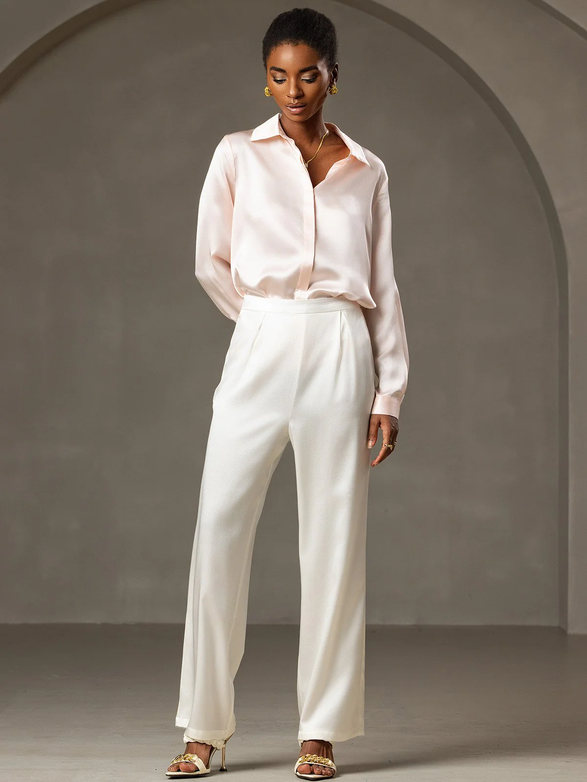 19Momme Silk Long Sleeve Lapel Collar Women's Shirt - Image 25