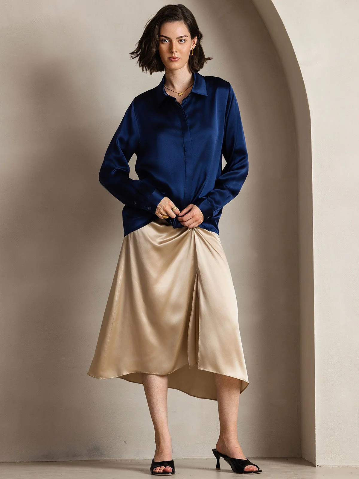 Clearance - 19Momme Silk Long Sleeve Lapel Collar Women's Shirt - Image 3