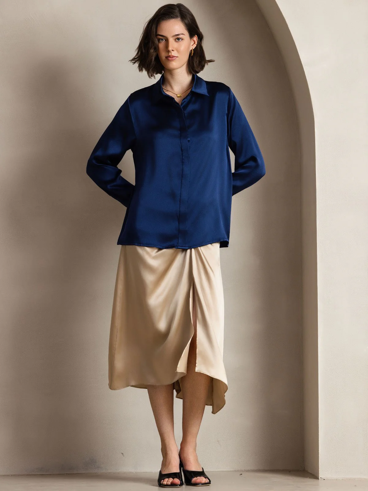 Clearance - 19Momme Silk Long Sleeve Lapel Collar Women's Shirt - Image 4