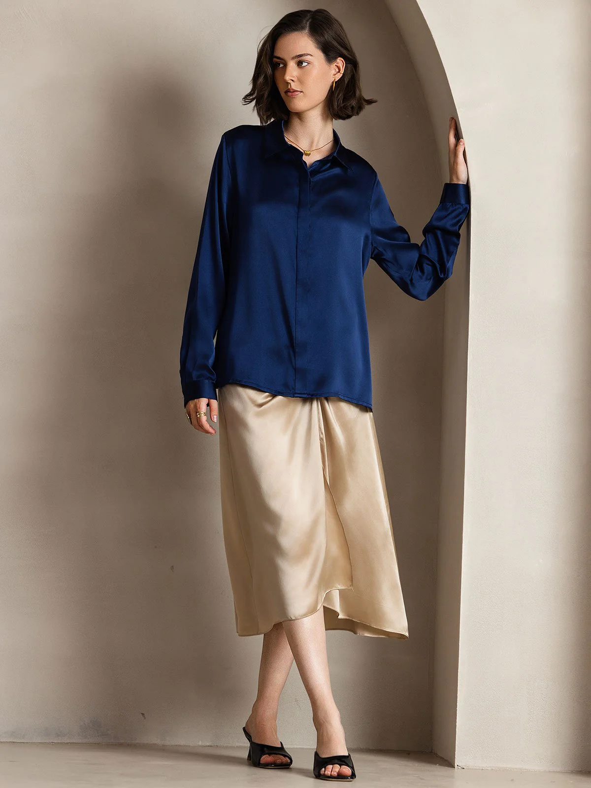Clearance - 19Momme Silk Long Sleeve Lapel Collar Women's Shirt - Image 5