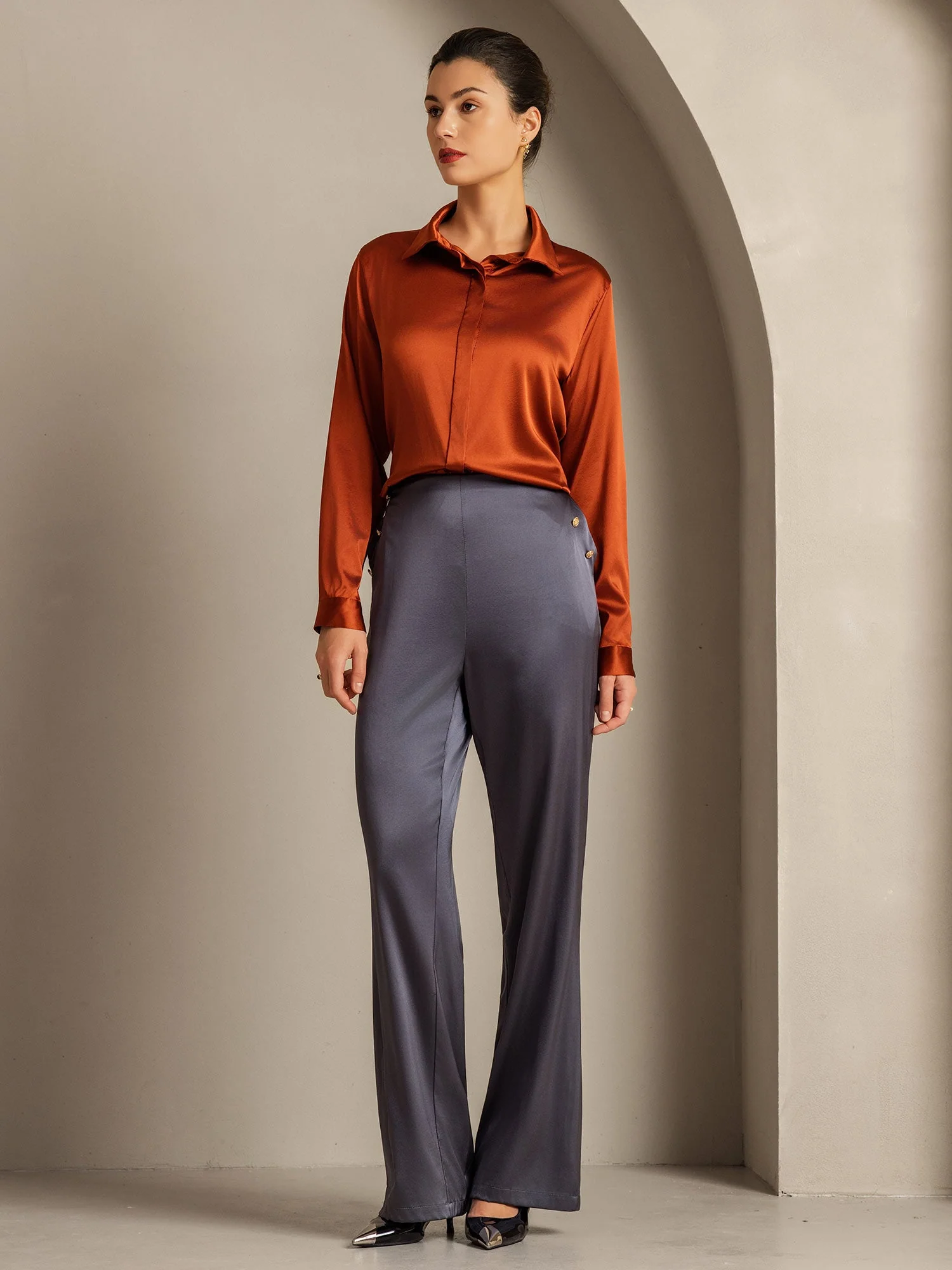 Clearance - 19Momme Silk Long Sleeve Lapel Collar Women's Shirt - Image 9