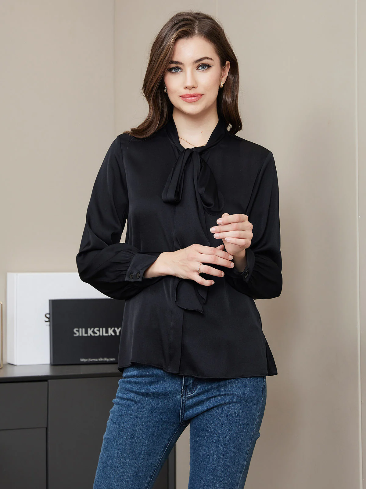 Clearance - Bow Tie Silk Blouse Shirt - Image 10