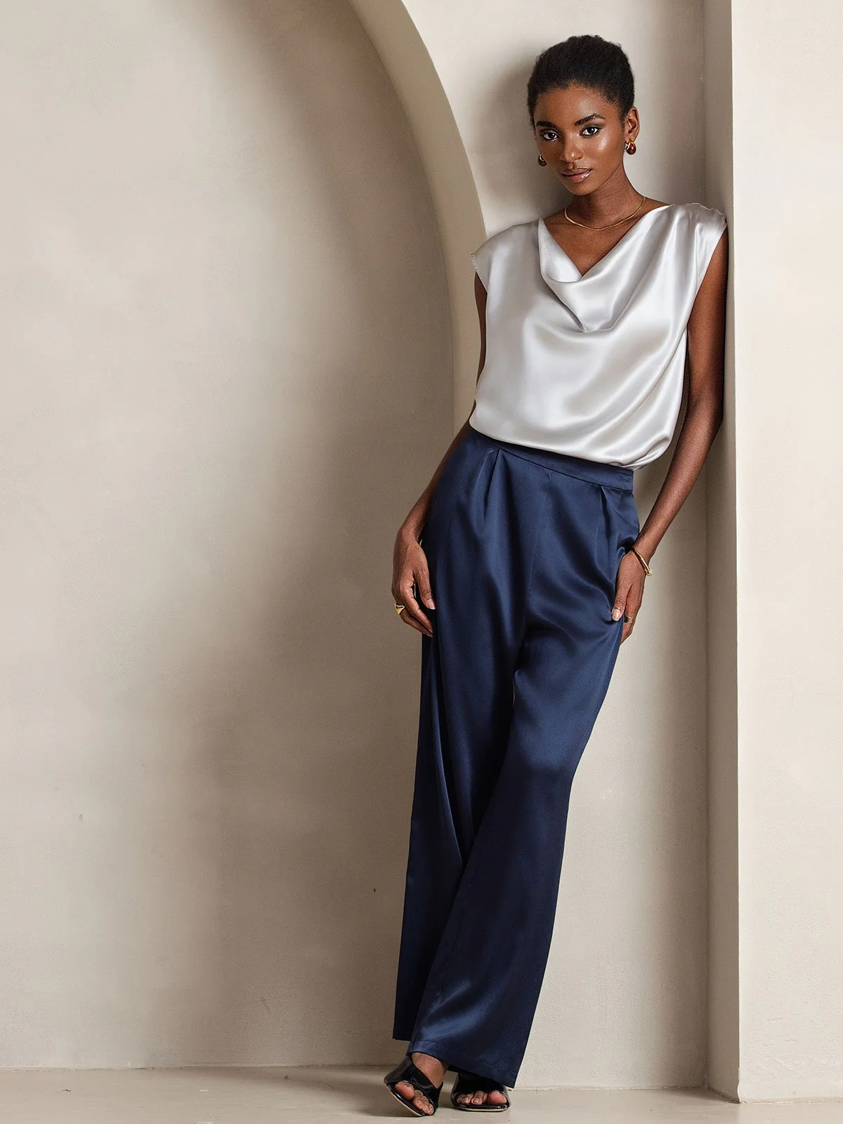 19Momme Silk High Waist Wide Leg Pleated Women's Pants - Image 15