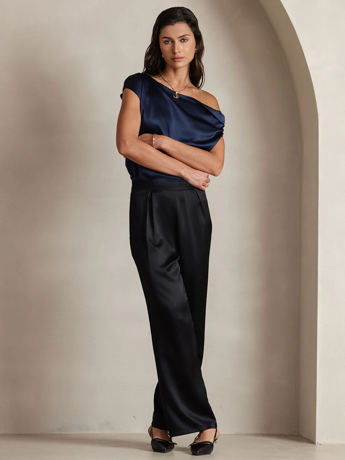 19Momme Silk High Waist Wide Leg Pleated Women's Pants - Image 23