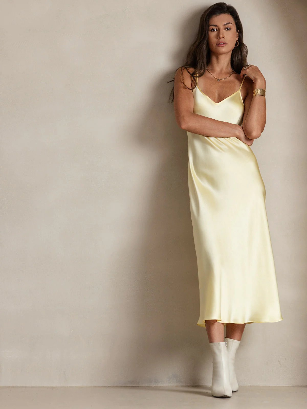 100% Mulberry Silk Spaghetti Strap V-neck Midi Nightgown - Image 77
