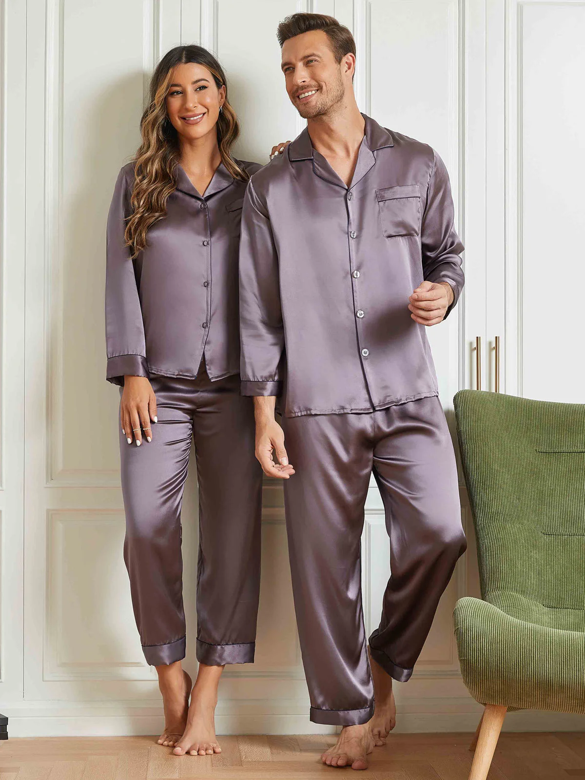 Couple 100% Mulberry Silk Long Pajamas Matching Set Total 4Pcs - Image 15