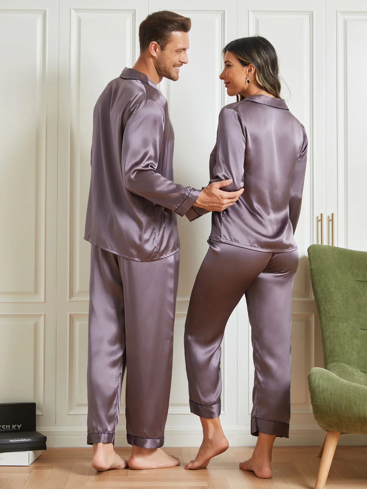 Couple 100% Mulberry Silk Long Pajamas Matching Set Total 4Pcs - Image 16