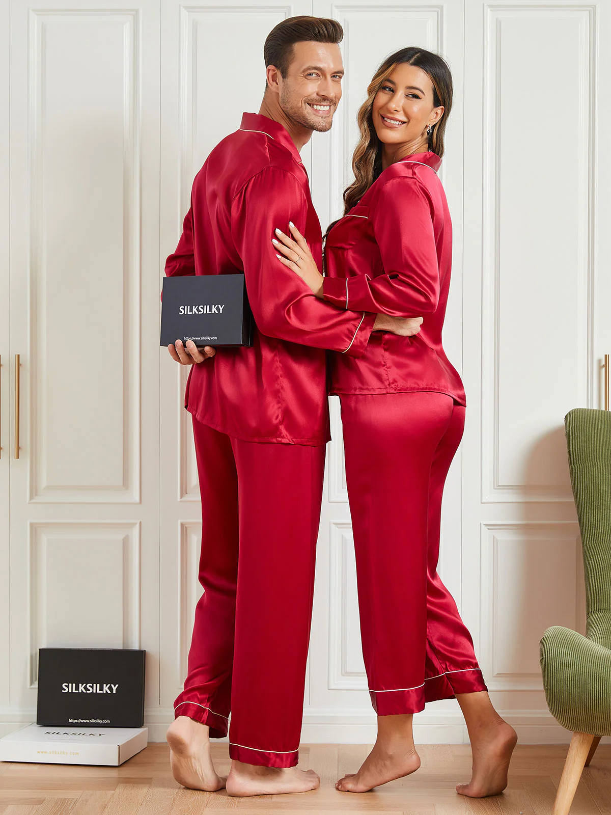 Couple 100% Mulberry Silk Long Pajamas Matching Set Total 4Pcs - Image 5
