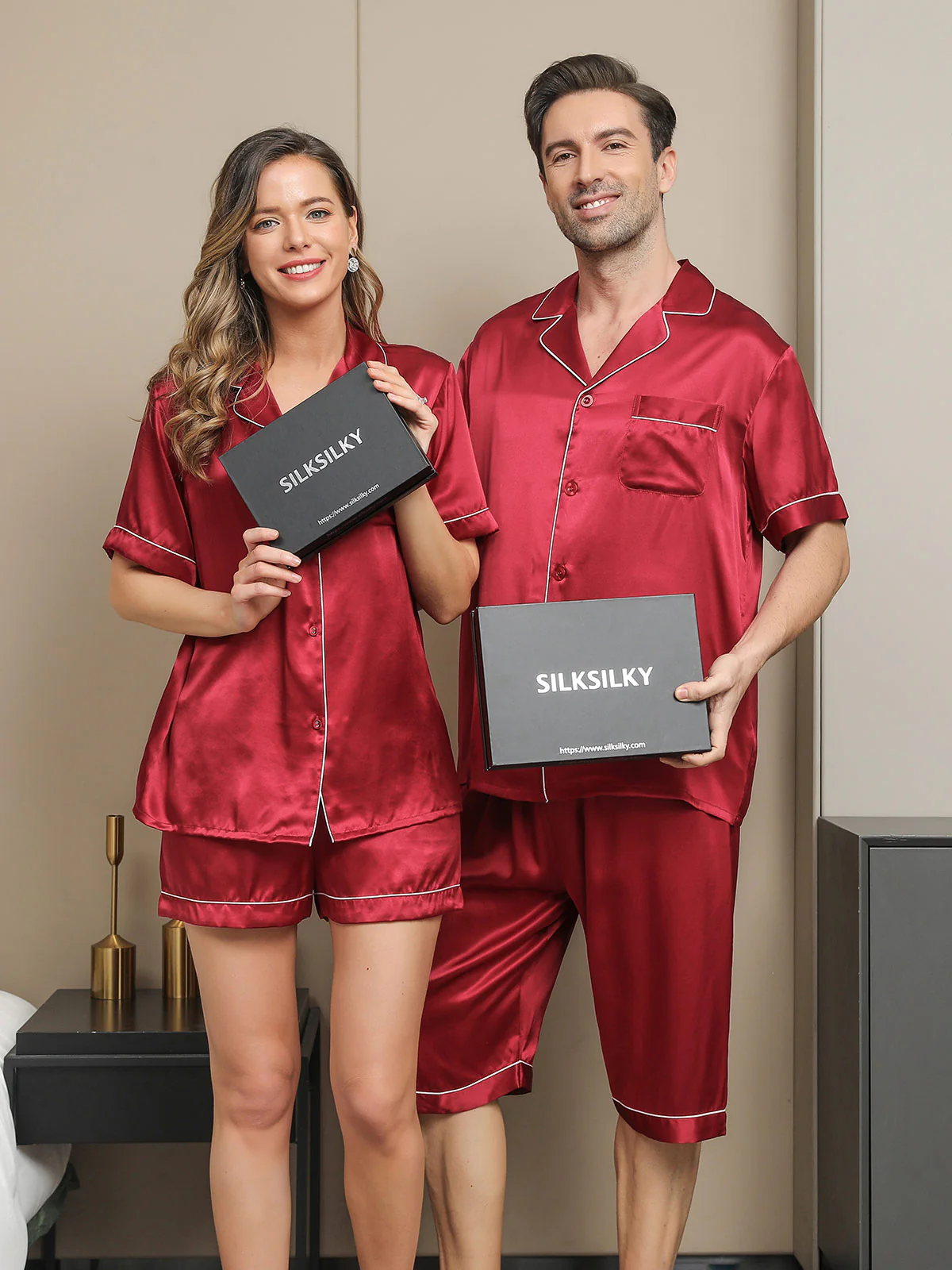 Couple 100% Mulberry Silk Short Pajama Sets Total 4Pcs - Image 14