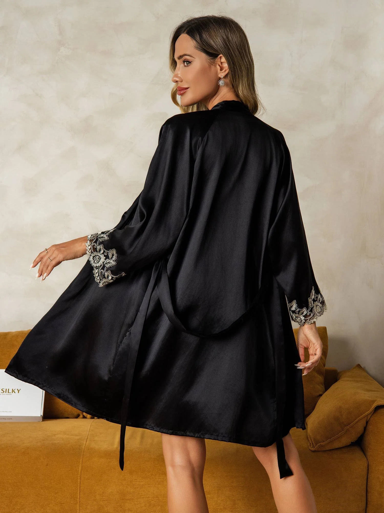 Elegant 100% Mulberry Silk Lace Trimmed Robe and Camisole Set 3Pcs - Image 24