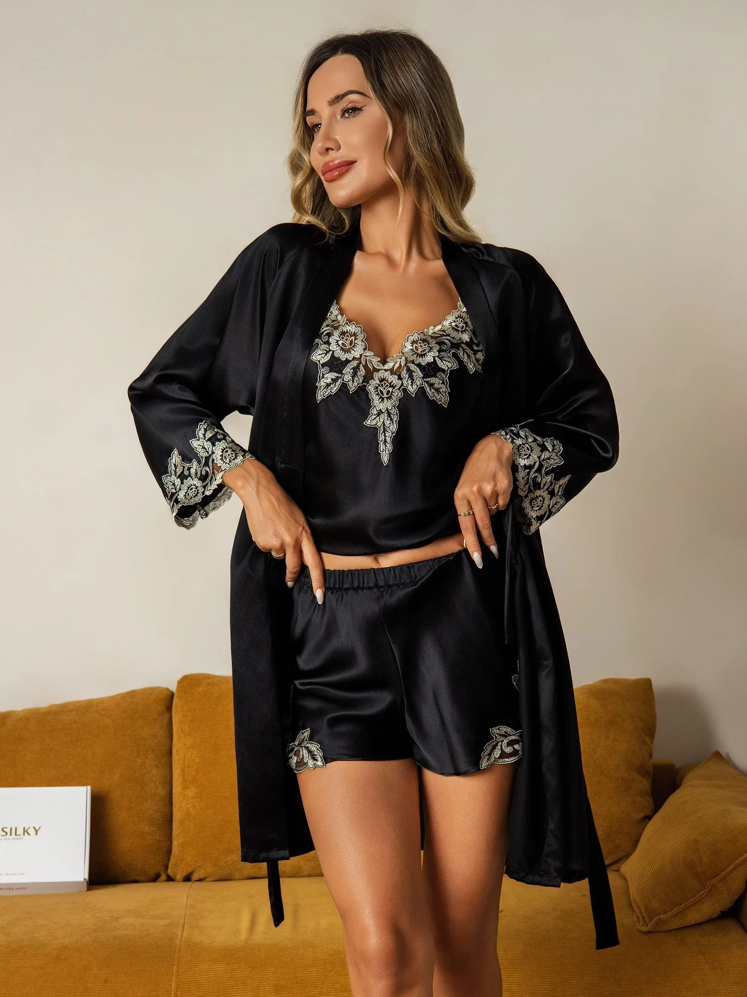 Elegant 100% Mulberry Silk Lace Trimmed Robe and Camisole Set 3Pcs - Image 25