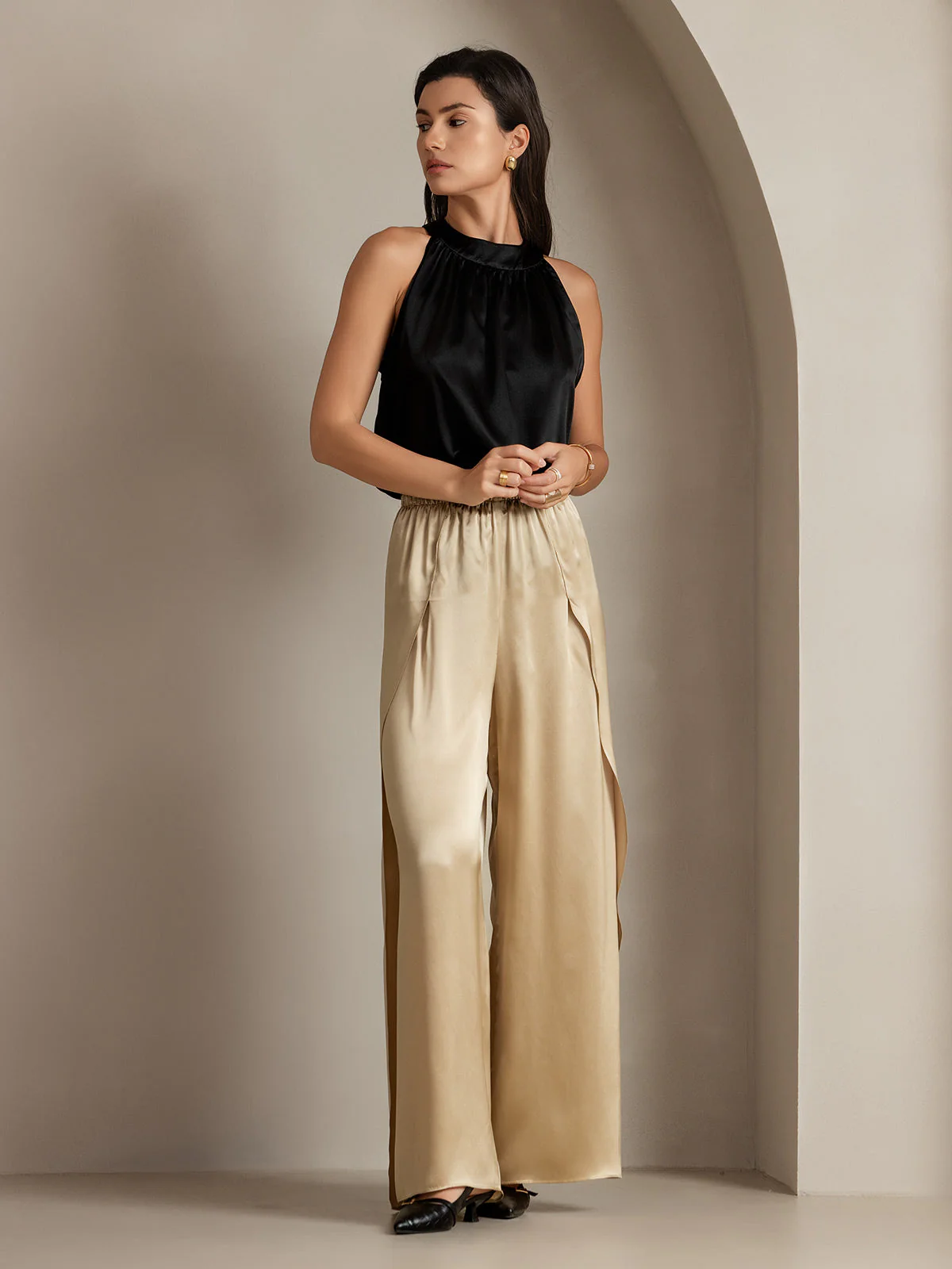 19Momme Silk Fashionable Flowy High-Slit Palazzo Pants - Image 12