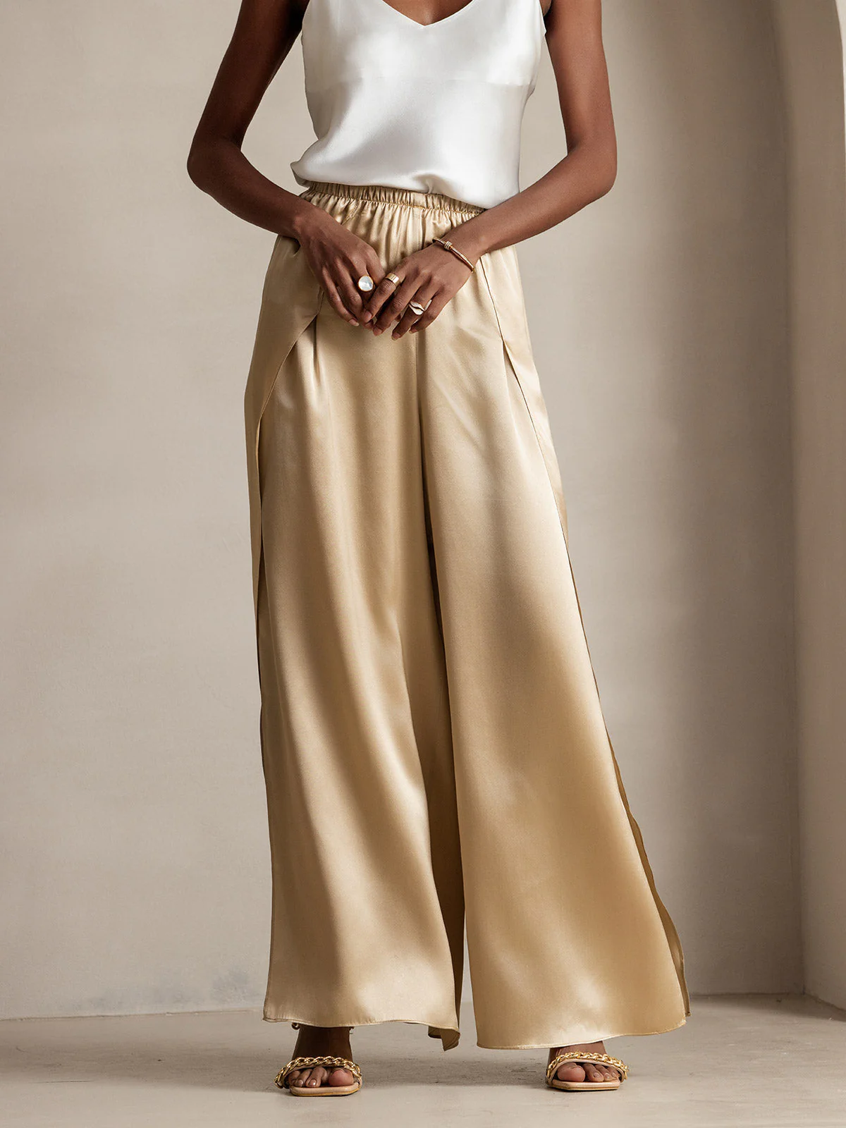 19Momme Silk Fashionable Flowy High-Slit Palazzo Pants - Image 3