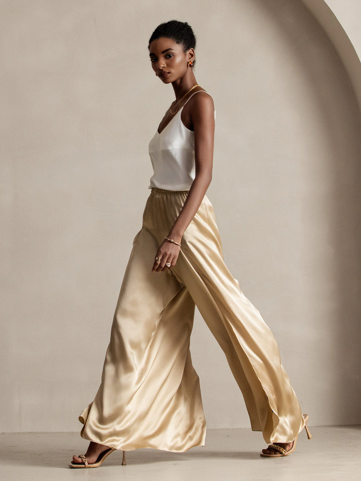 19Momme Silk Fashionable Flowy High-Slit Palazzo Pants - Image 7