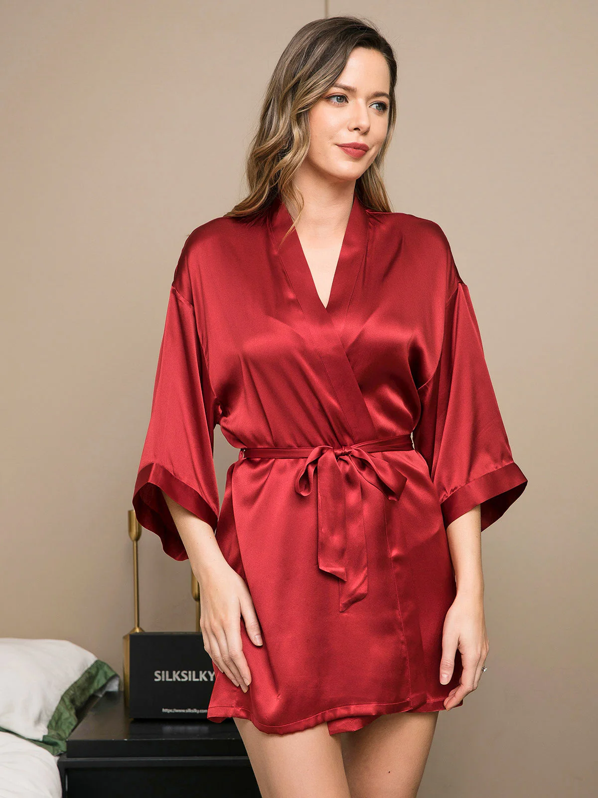 100% Mulberry Silk Short Women's Kimono Robe with Wrap Design - Image 26