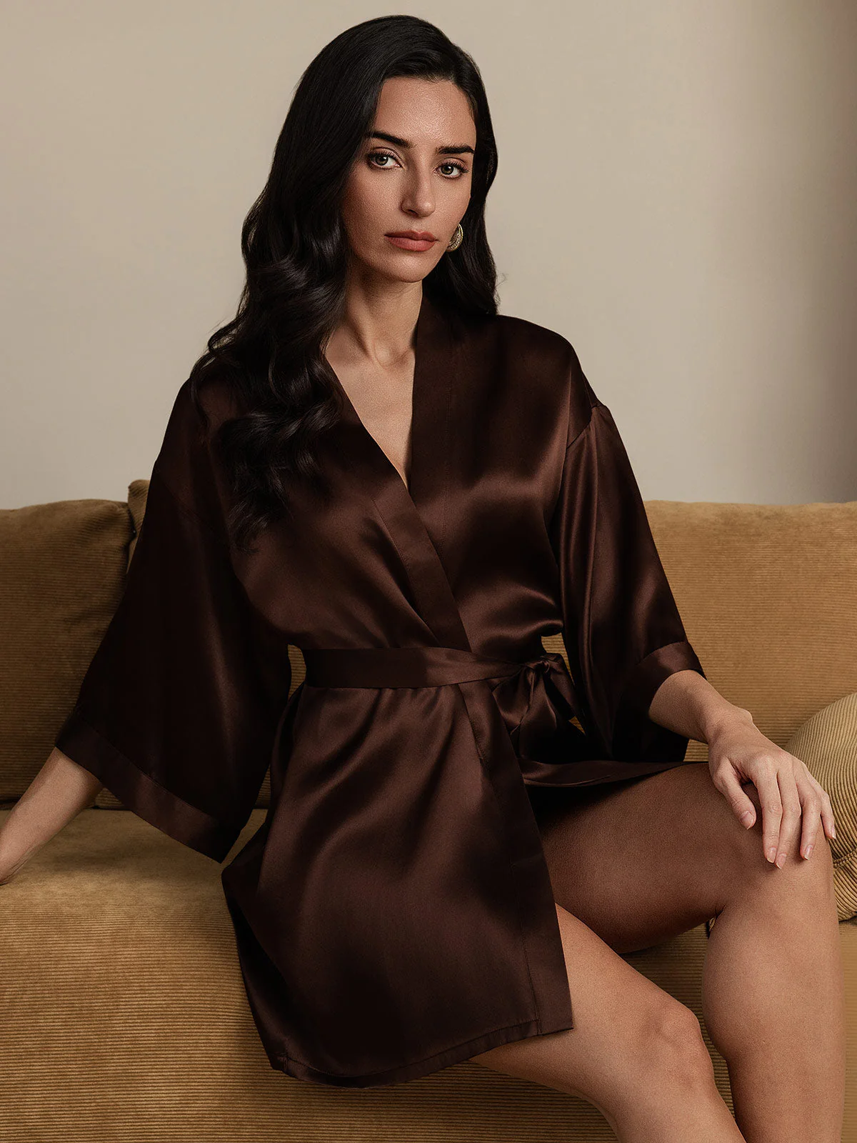 100% Mulberry Silk Short Women's Kimono Robe with Wrap Design - Image 35