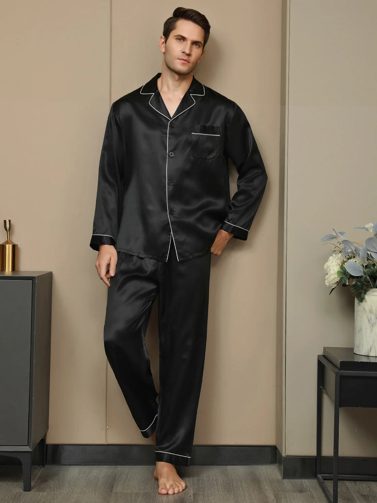 100% Mulberry Silk Long Sleeve Notch Collar Men's Pajamas Set with Button Up Design - Image 4