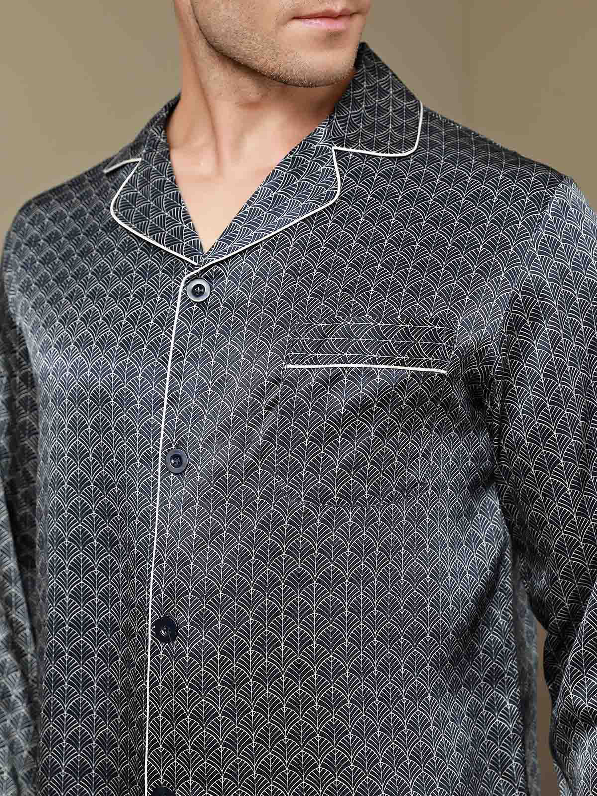 100% Mulberry Silk Ginkgo Print Long Sleeve Men's Pajamas Set With Pants - Image 4