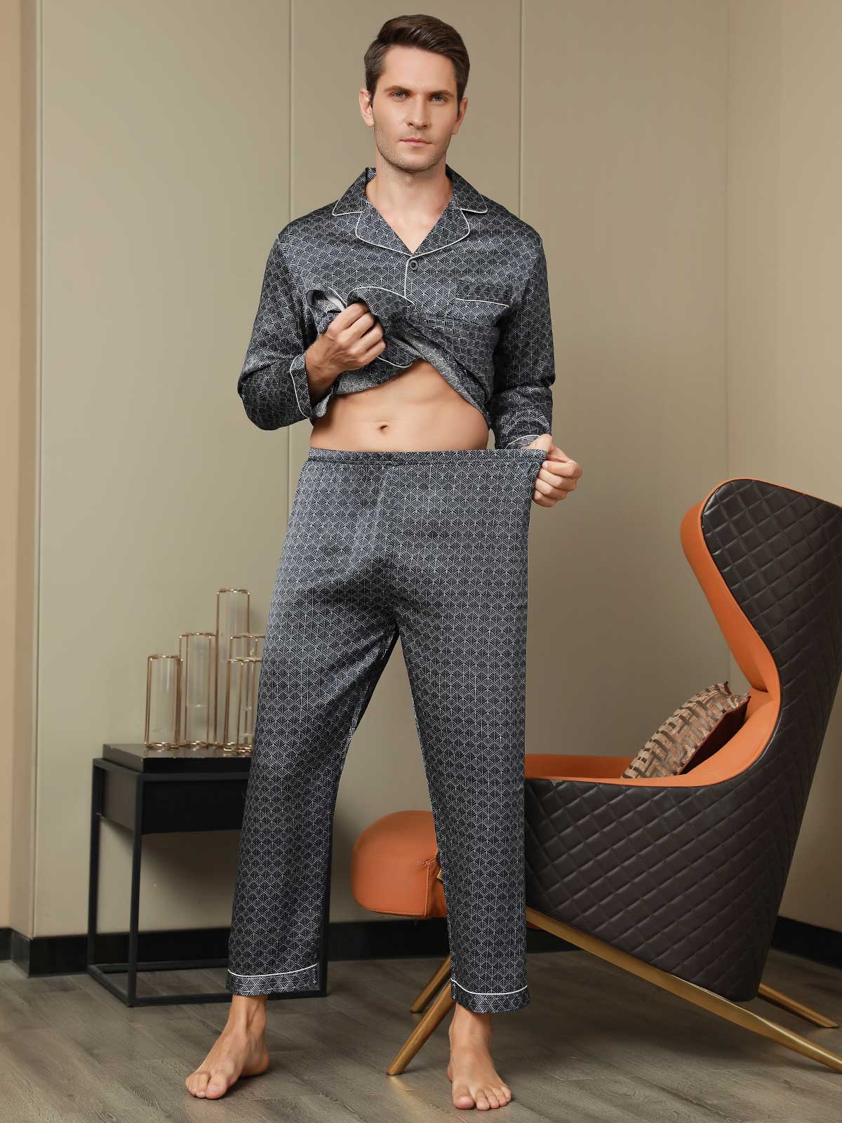 100% Mulberry Silk Ginkgo Print Long Sleeve Men's Pajamas Set With Pants - Image 9