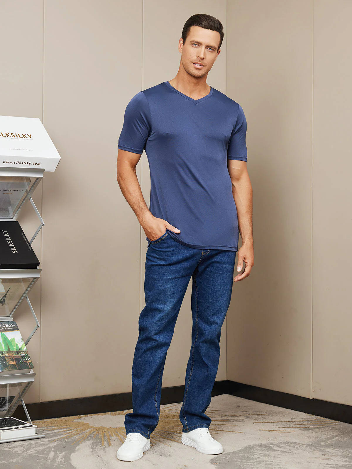 Clearance - Mens Basic V-Neck Silk Knitted Tee - Image 28