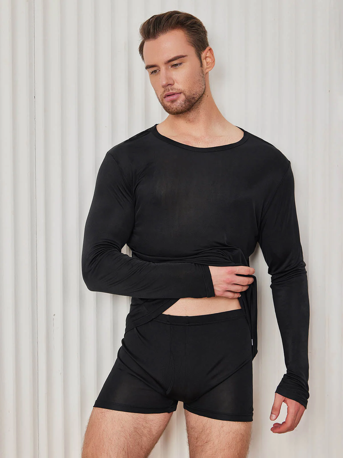 Mens Fashion Silk Long Sleeve Crewneck Tee - Image 4