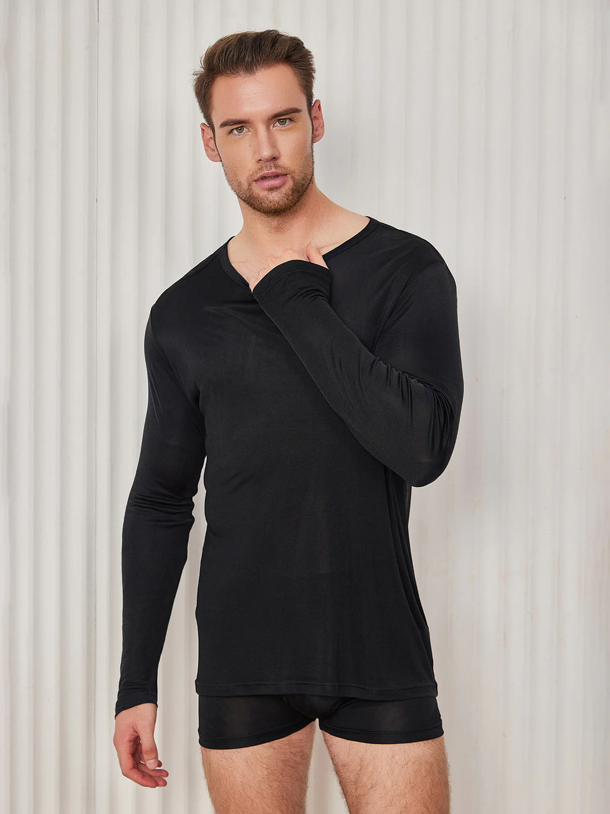 Mens Fashion Silk Long Sleeve Crewneck Tee - Image 5