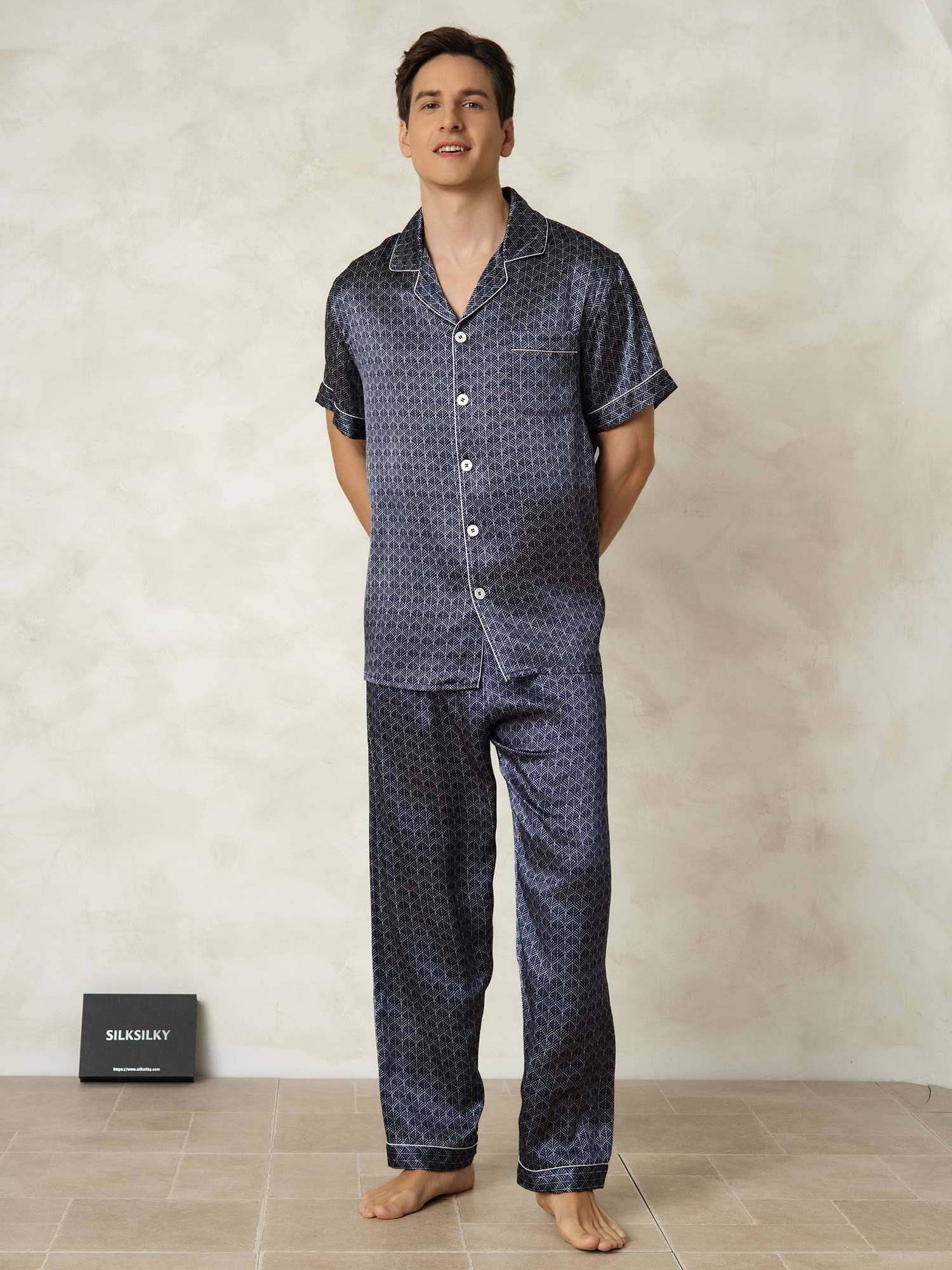Clearance - Men's Pure Silk Navy Ginkgo Print Short Sleeve Pajamas Set with Pants - Image 6
