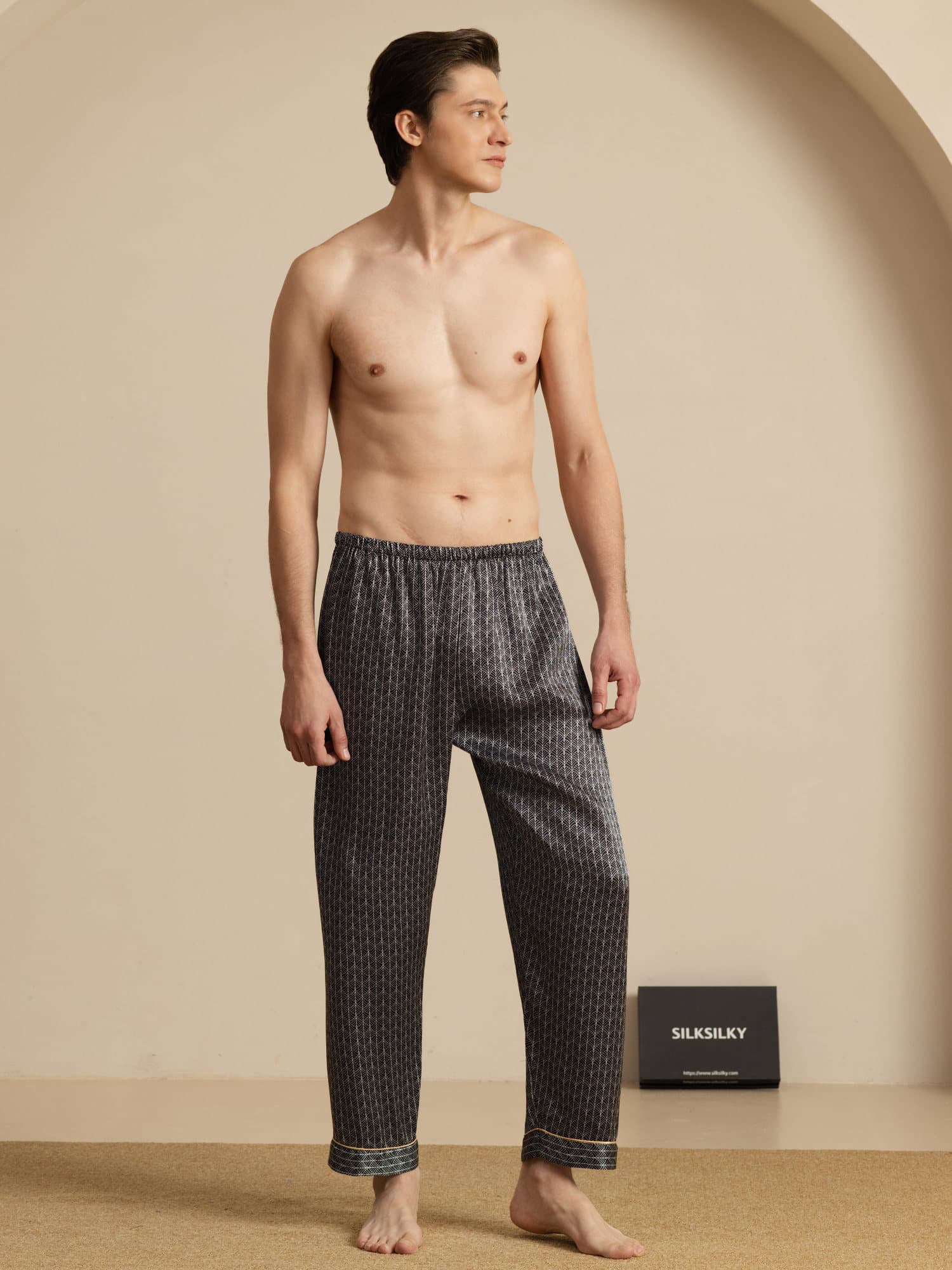 Men's 100% Mulberry Silk Ginkgo Print Sleep Pants with Elastic Waist - Image 10