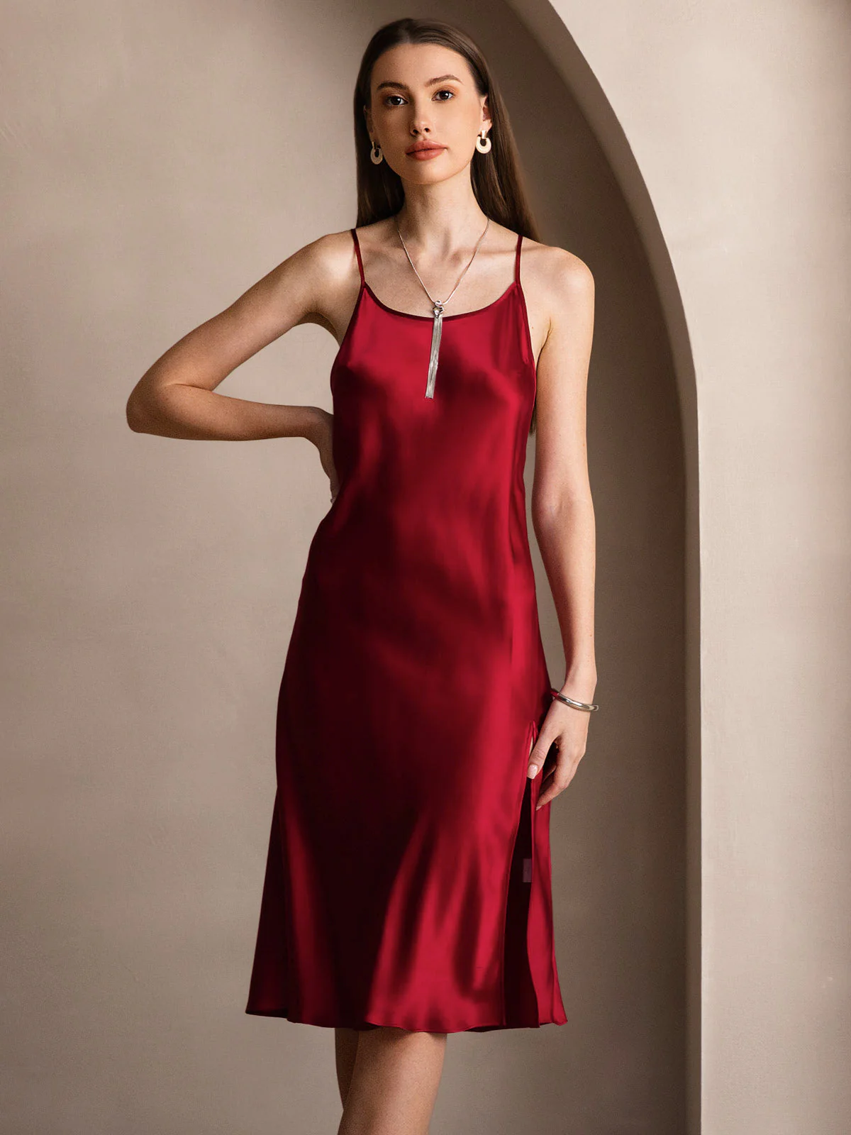 Elegant 100% Mulberry Silk Cross Backless Midi Dress with Side Slit - Image 19
