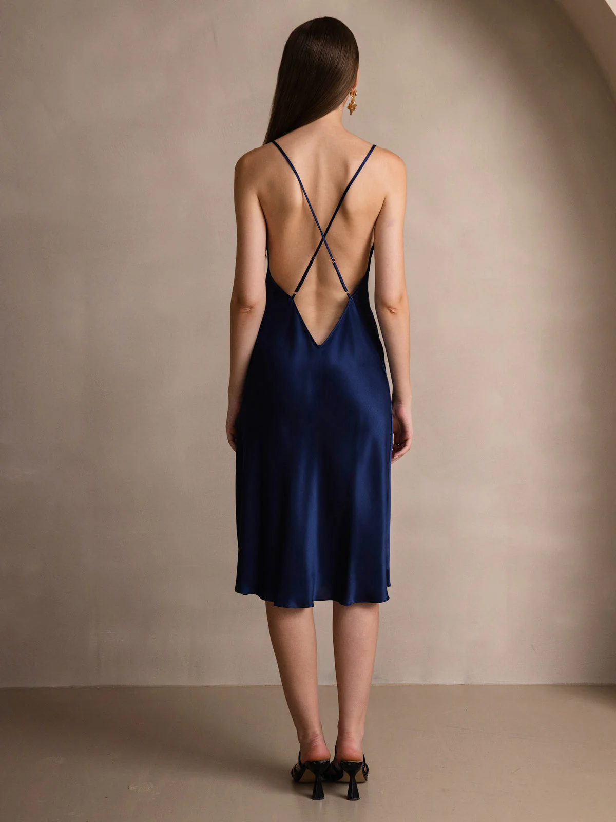 Elegant 100% Mulberry Silk Cross Backless Midi Dress with Side Slit - Image 21