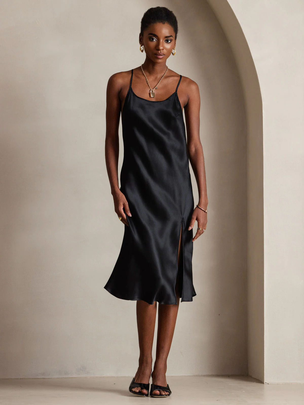 Elegant 100% Mulberry Silk Cross Backless Midi Dress with Side Slit - Image 5