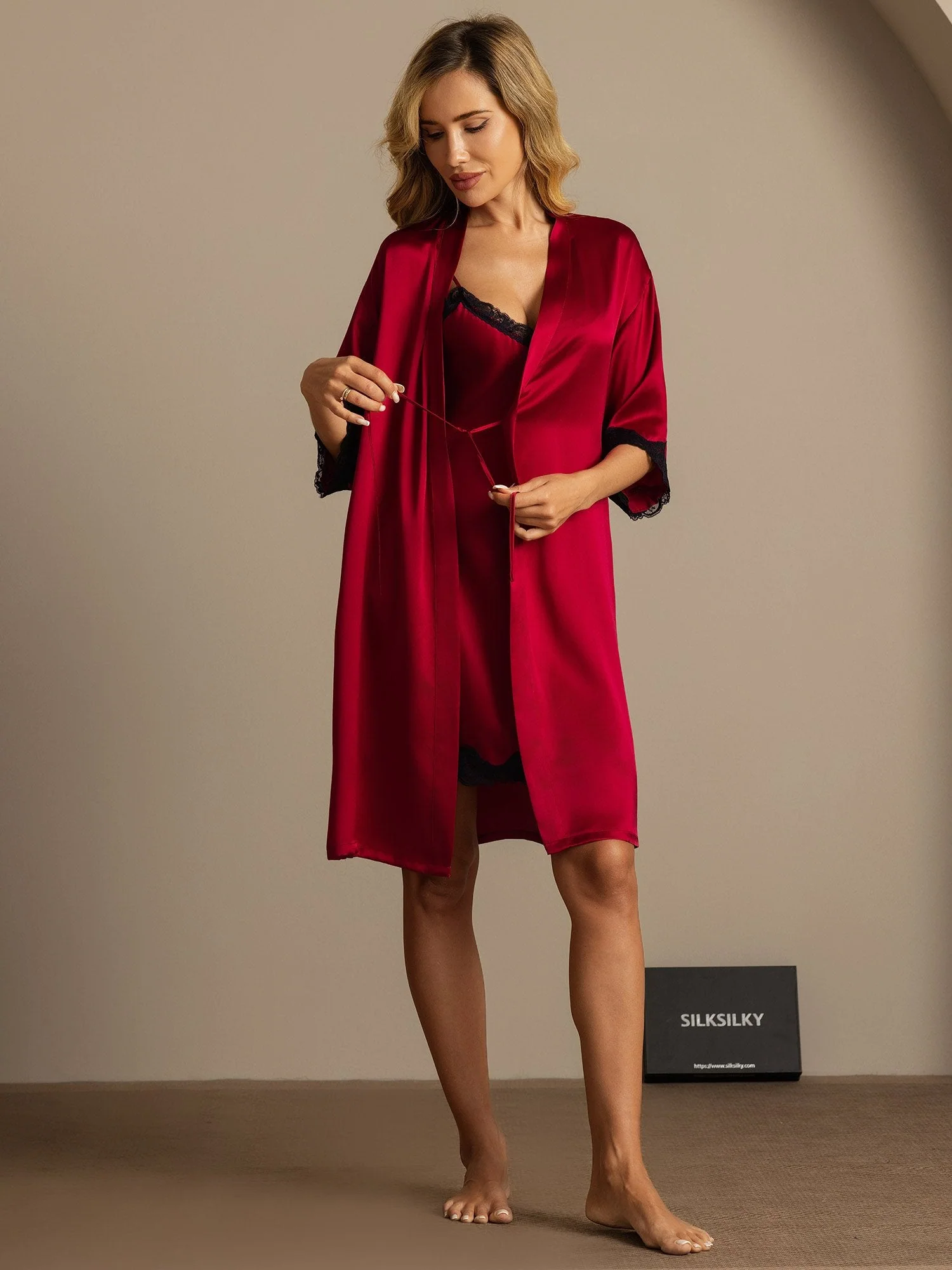 100% Mulberry Silk Basic Lace Trimmed Split Nightgown&Robe Set 2Pcs - Image 8