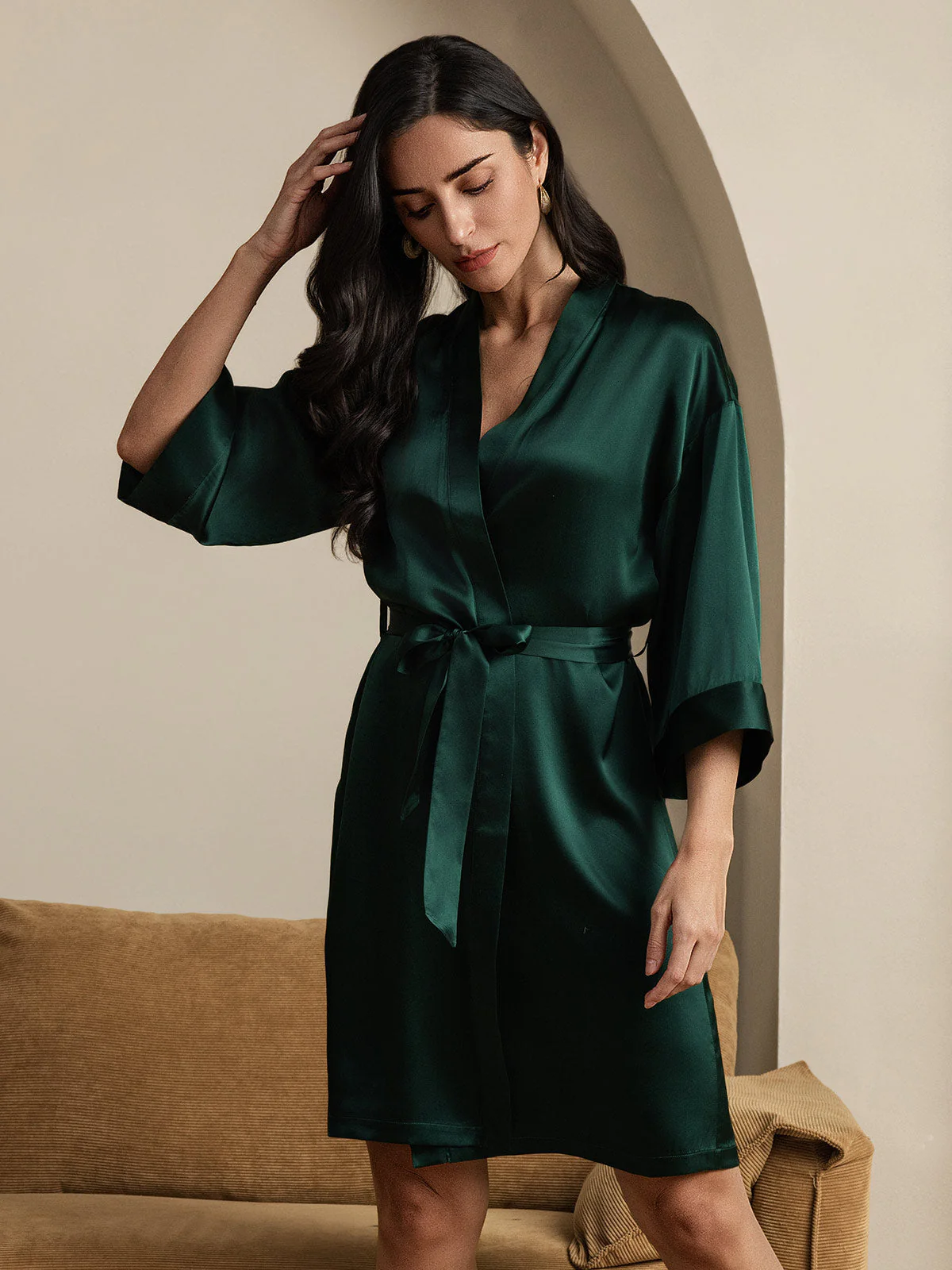 100% Mulberry Silk 3/4 Sleeve Women's Kimono Wrap Robe - Image 16