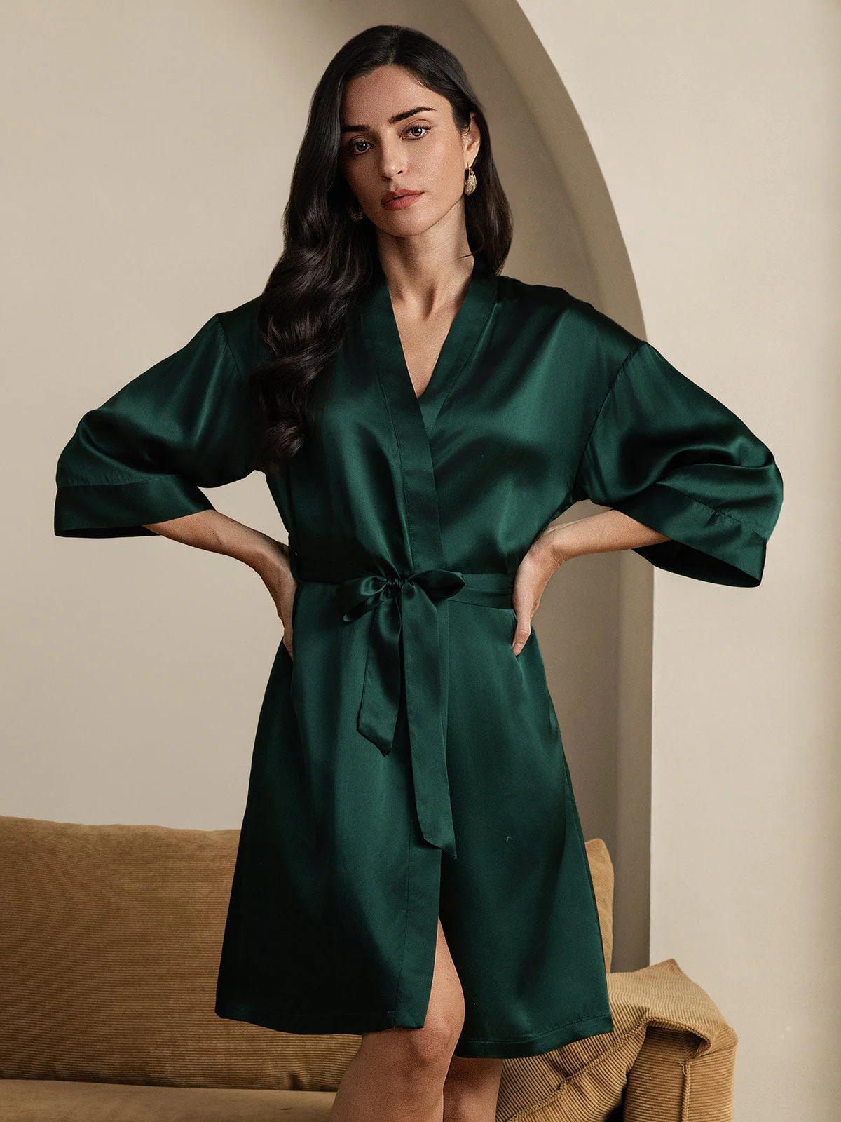 100% Mulberry Silk 3/4 Sleeve Women's Kimono Wrap Robe - Image 17