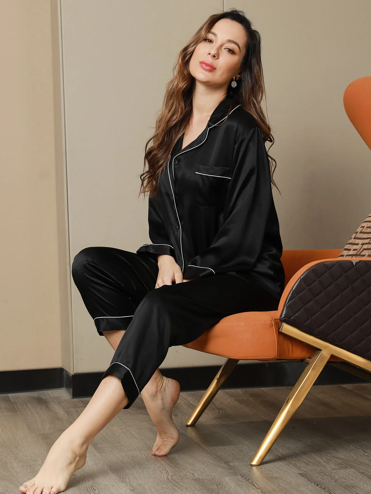 Women's 100% Mulberry Silk Long Sleeve Notch Collar Pajamas Set - Image 30