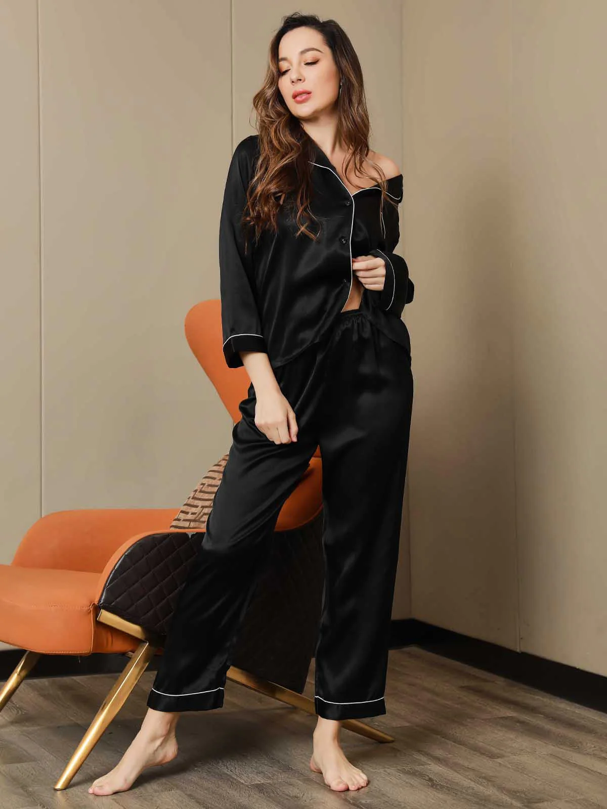 Women's 100% Mulberry Silk Long Sleeve Notch Collar Pajamas Set - Image 35