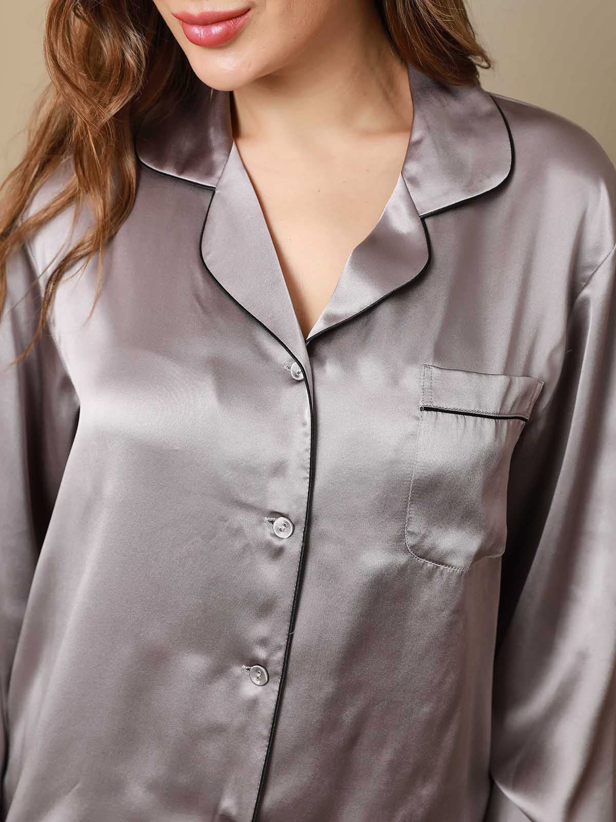 Clearance - Women's 100% Mulberry Silk Long Sleeve Lapel Collar Pajamas Set - Image 35