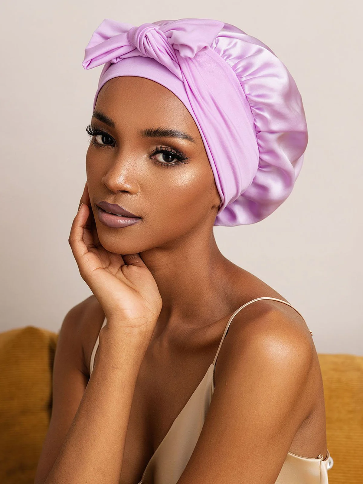100% Mulberry Silk Bonnet Bowknot Tie Sleep Cap for Hair Protection - Image 55