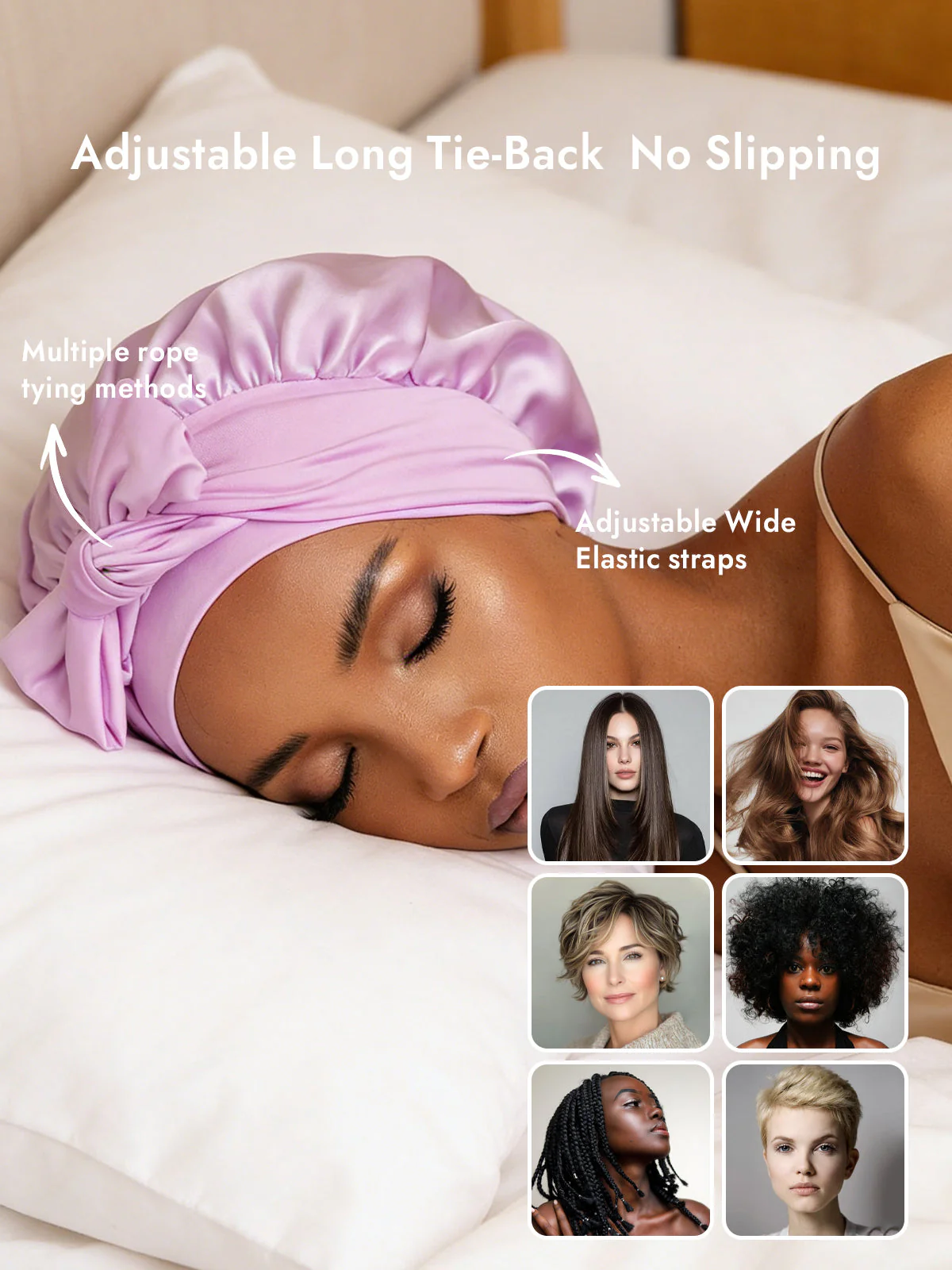 100% Mulberry Silk Bonnet Bowknot Tie Sleep Cap for Hair Protection - Image 58