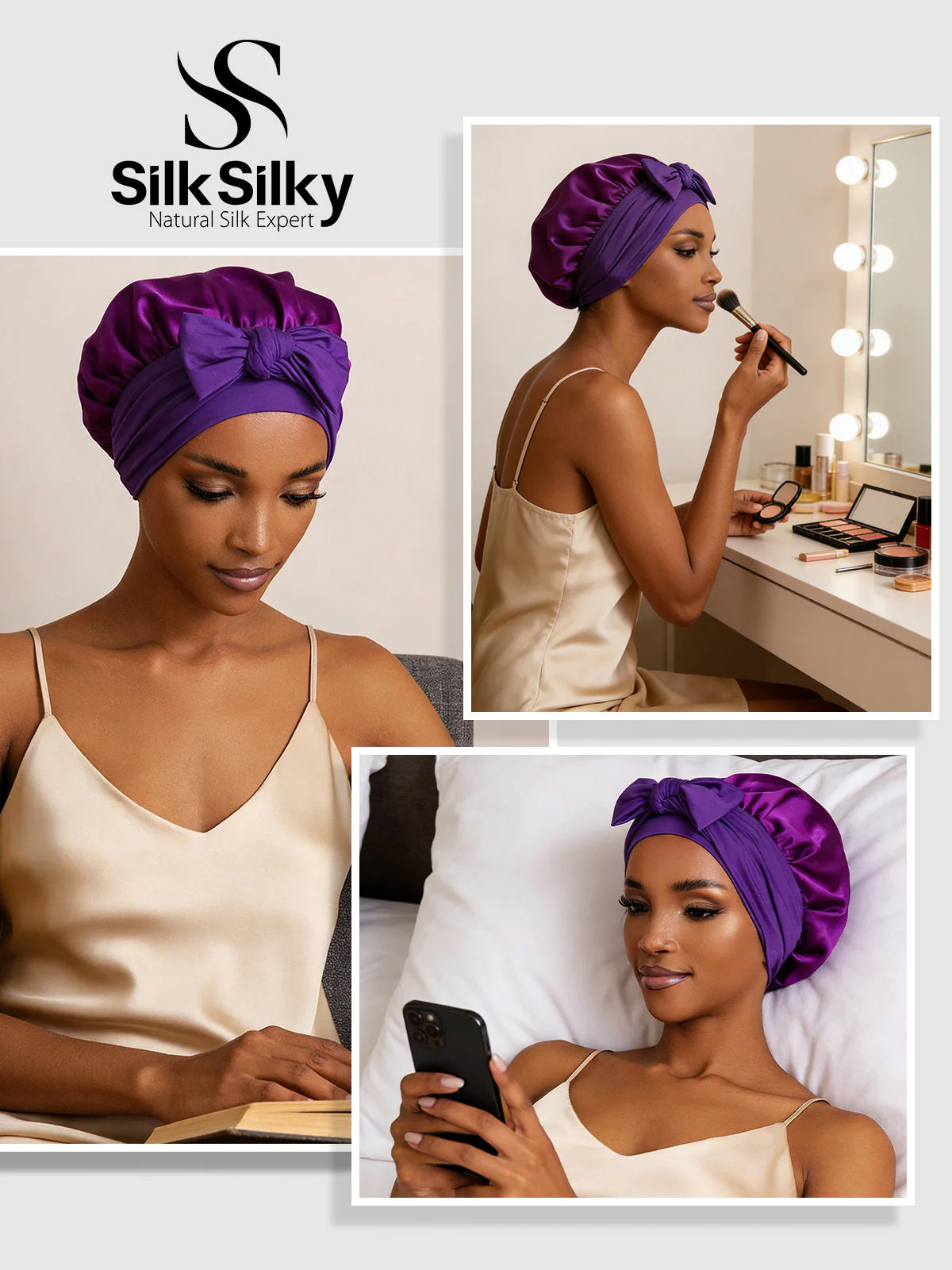 100% Mulberry Silk Bonnet Bowknot Tie Sleep Cap for Hair Protection - Image 65