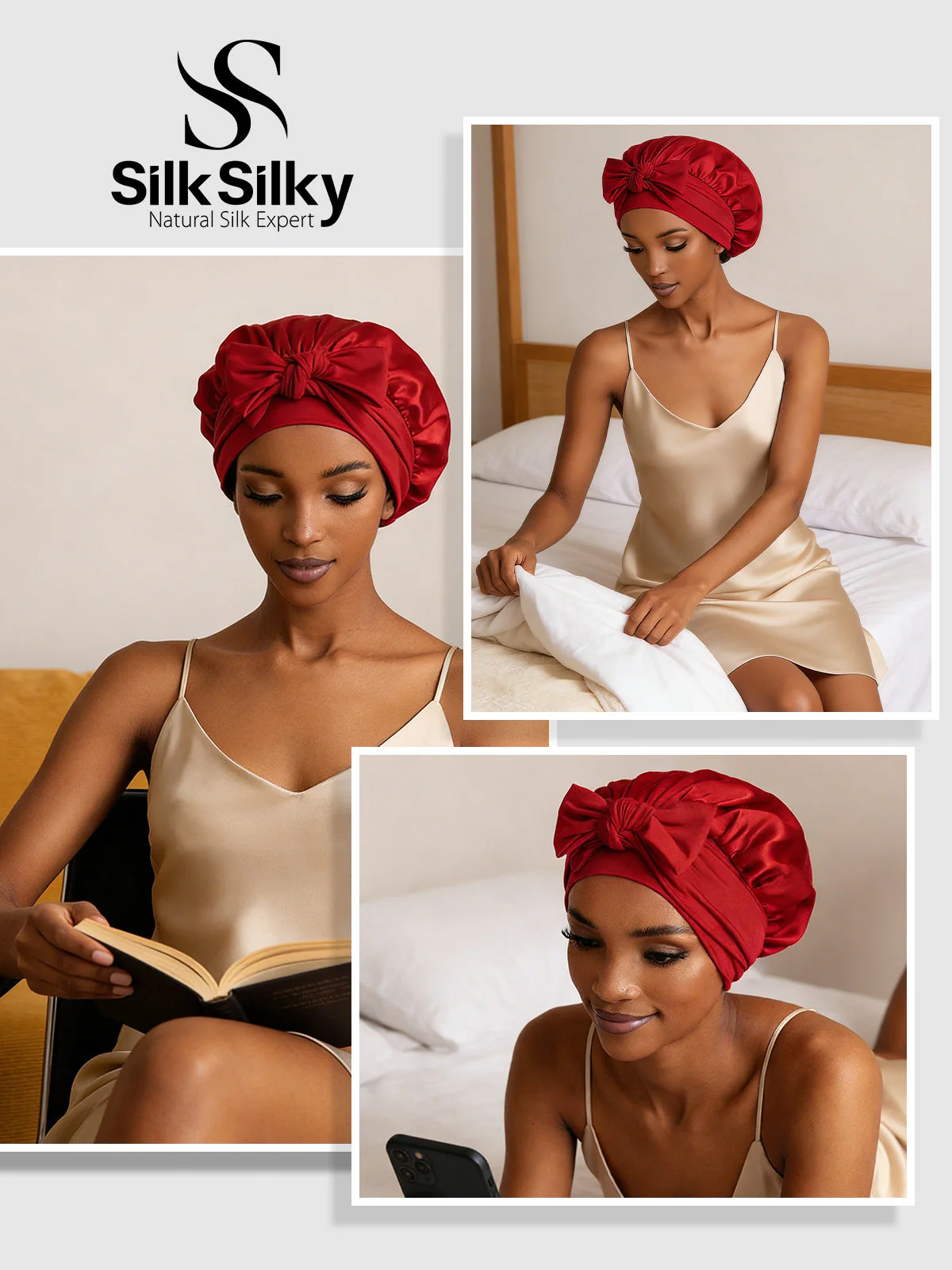 100% Mulberry Silk Bonnet Bowknot Tie Sleep Cap for Hair Protection - Image 71