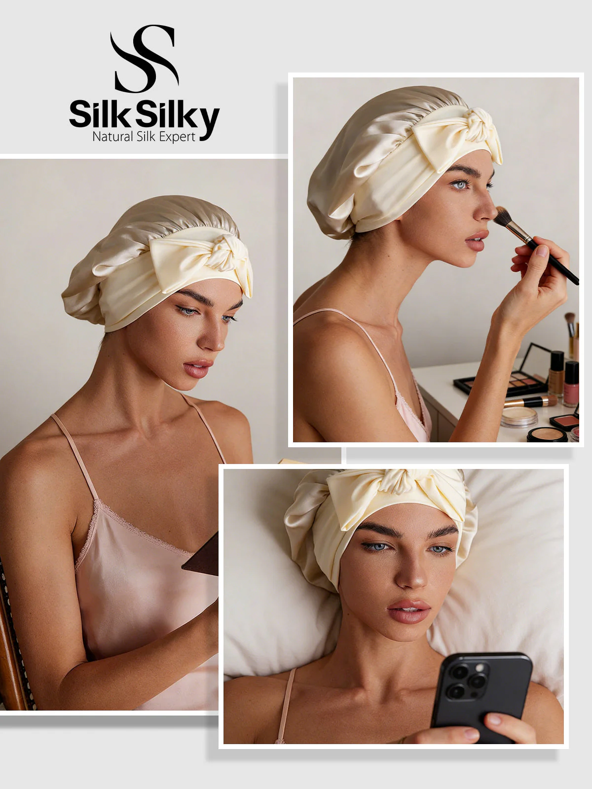 100% Mulberry Silk Bonnet Bowknot Tie Sleep Cap for Hair Protection - Image 77