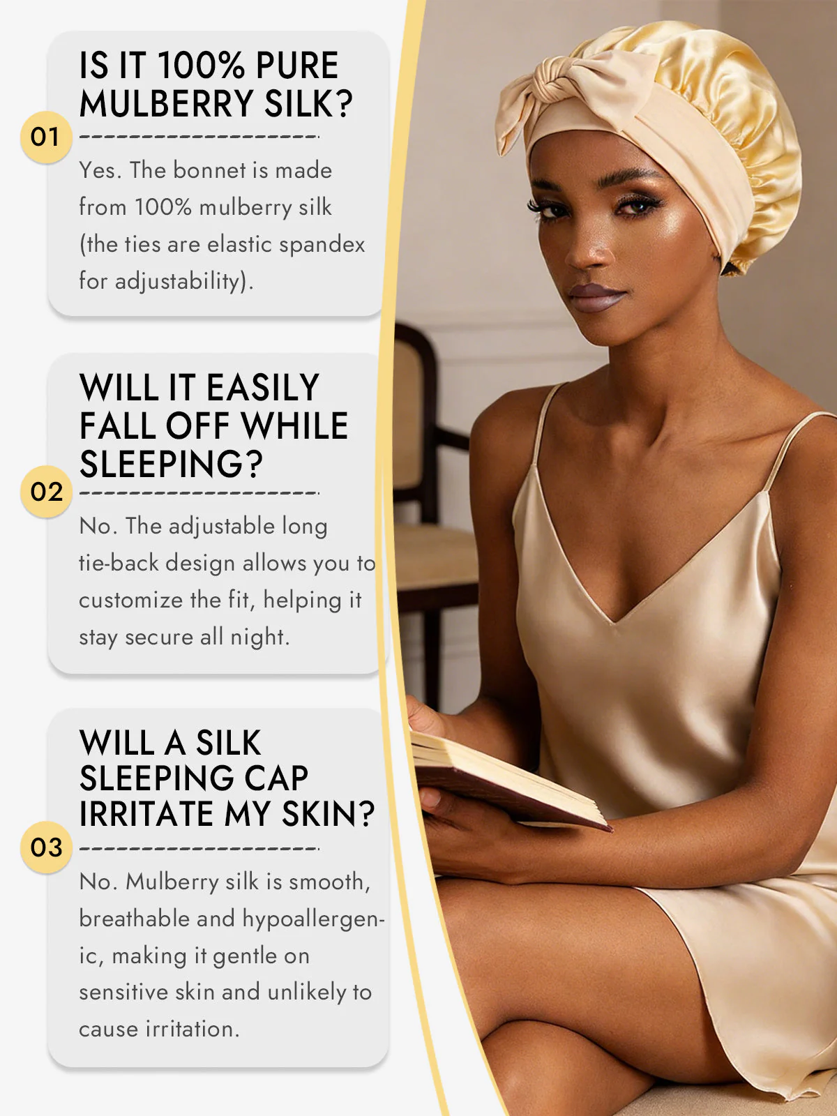 100% Mulberry Silk Bonnet Bowknot Tie Sleep Cap for Hair Protection - Image 84