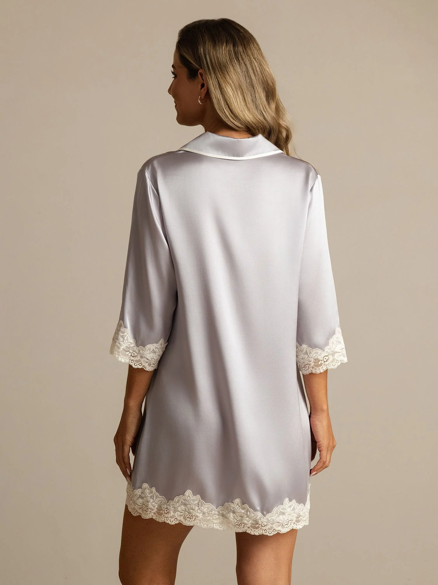 100% Mulberry Silk Button Up Nightshirt with Lace Design - Image 19
