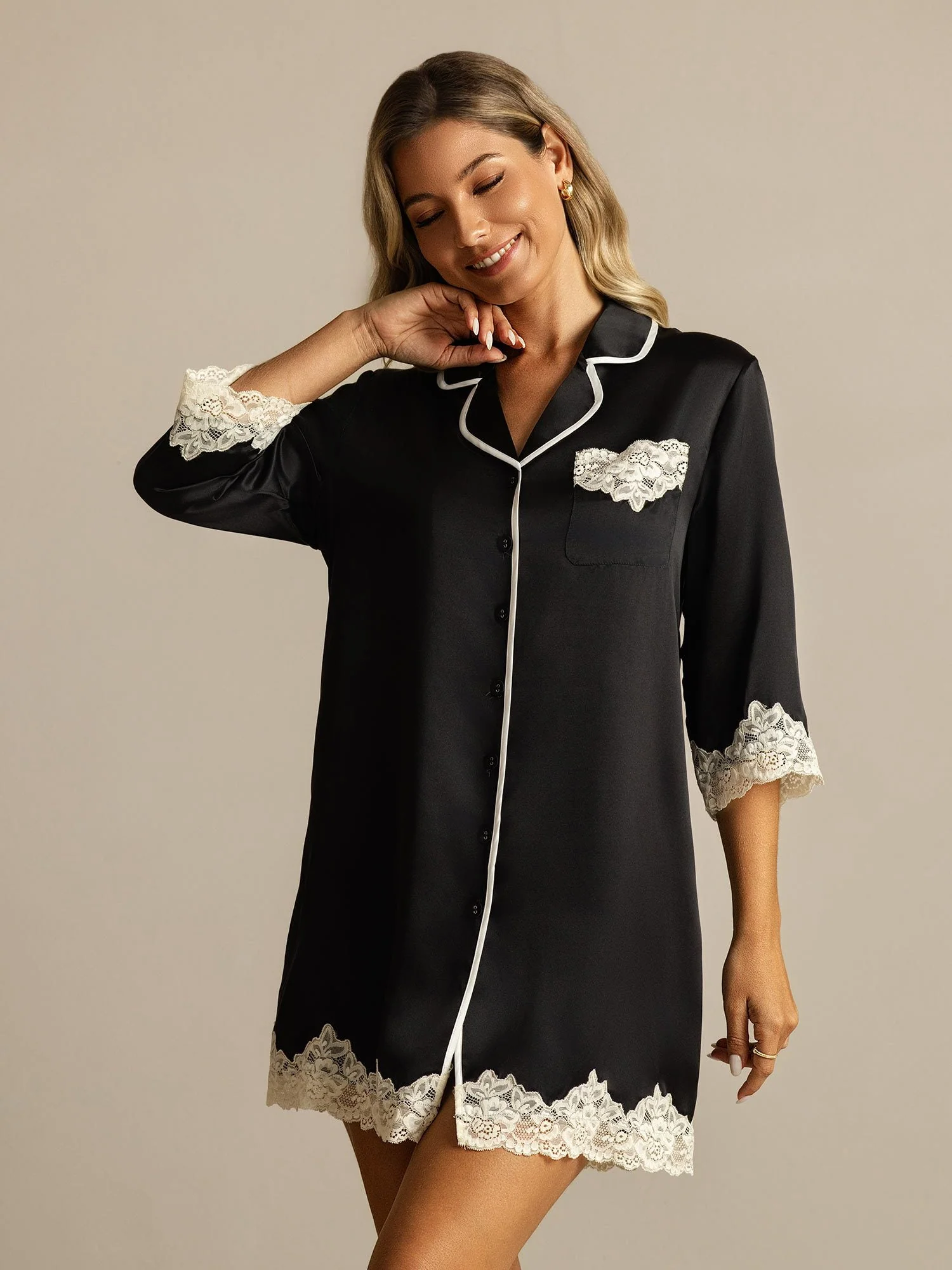 100% Mulberry Silk Button Up Nightshirt with Lace Design - Image 9